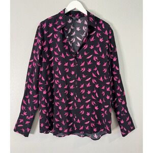 Catherine Gee 2XL Silk Blouse Pink Crane Print‎ French Cuff Daria Luxe Chic